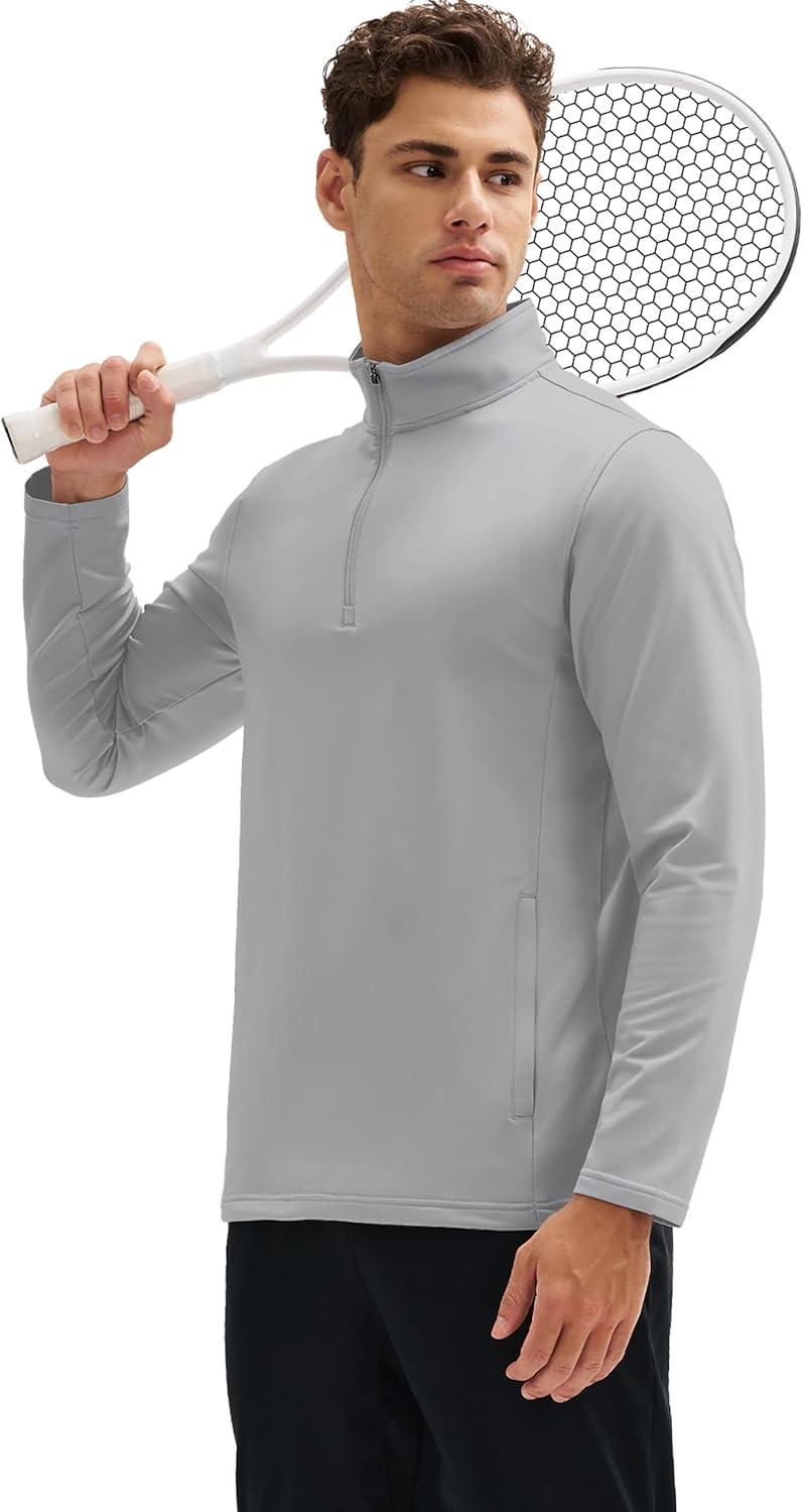 imageMAGCOMSEN Quarter Zip Pullover Men 14 Zip Golf Jacket Fleece Lined Water Resistant Sweatshirt 2 Zipper Pockets WinterLightgrey