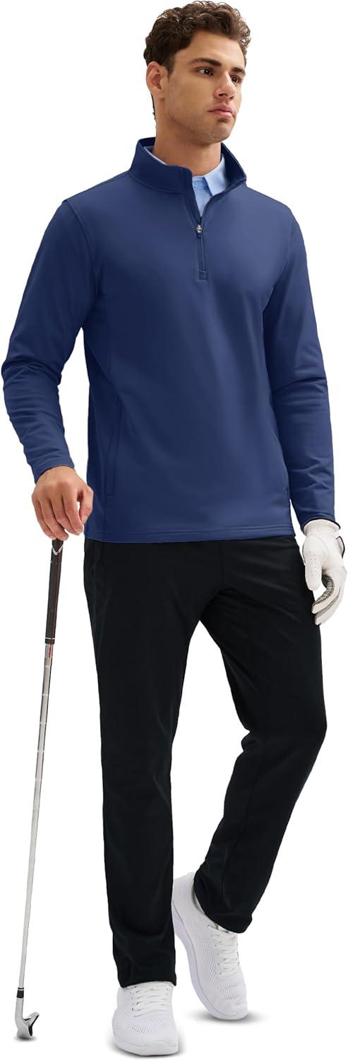 imageMAGCOMSEN Quarter Zip Pullover Men 14 Zip Golf Jacket Fleece Lined Water Resistant Sweatshirt 2 Zipper Pockets WinterNavy