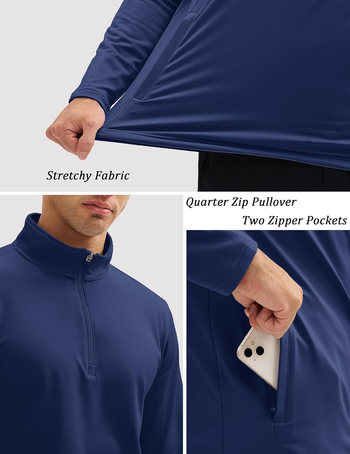 imageMAGCOMSEN Quarter Zip Pullover Men 14 Zip Golf Jacket Fleece Lined Water Resistant Sweatshirt 2 Zipper Pockets WinterNavy