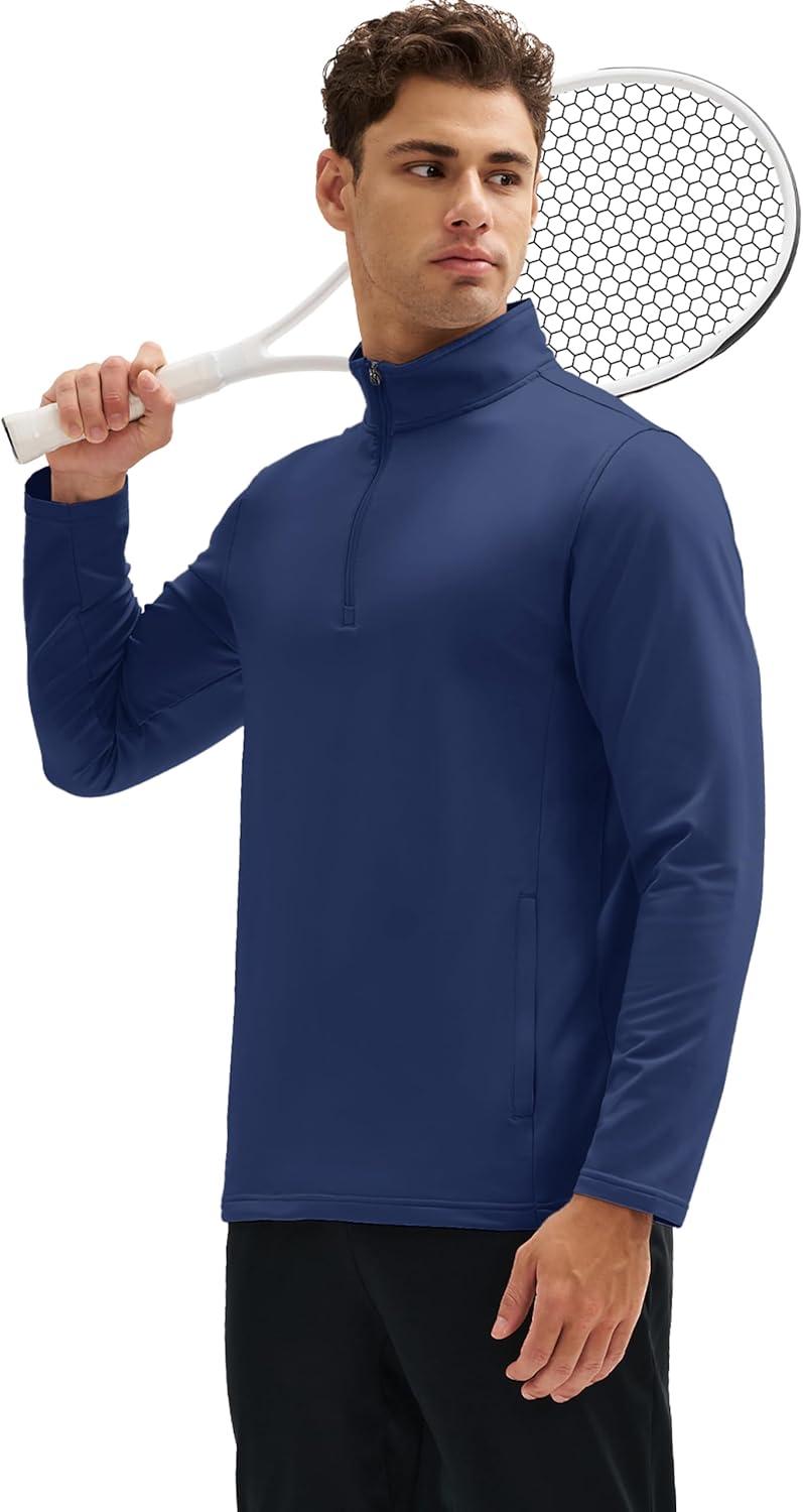 imageMAGCOMSEN Quarter Zip Pullover Men 14 Zip Golf Jacket Fleece Lined Water Resistant Sweatshirt 2 Zipper Pockets WinterNavy