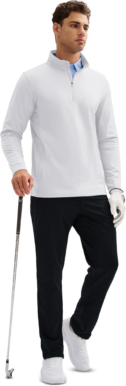 imageMAGCOMSEN Quarter Zip Pullover Men 14 Zip Golf Jacket Fleece Lined Water Resistant Sweatshirt 2 Zipper Pockets WinterWhite