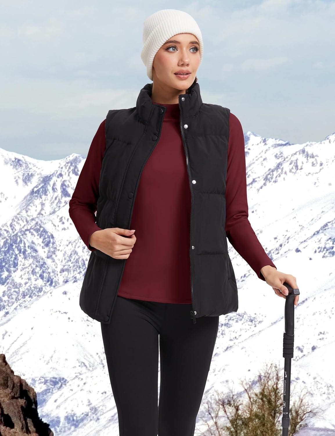 imageMAGCOMSEN Thermal Shirts for Women Mock Turtneck Long Sleeve Tops Fleece Pullover Workout Running Winter Base LayerBurgundy