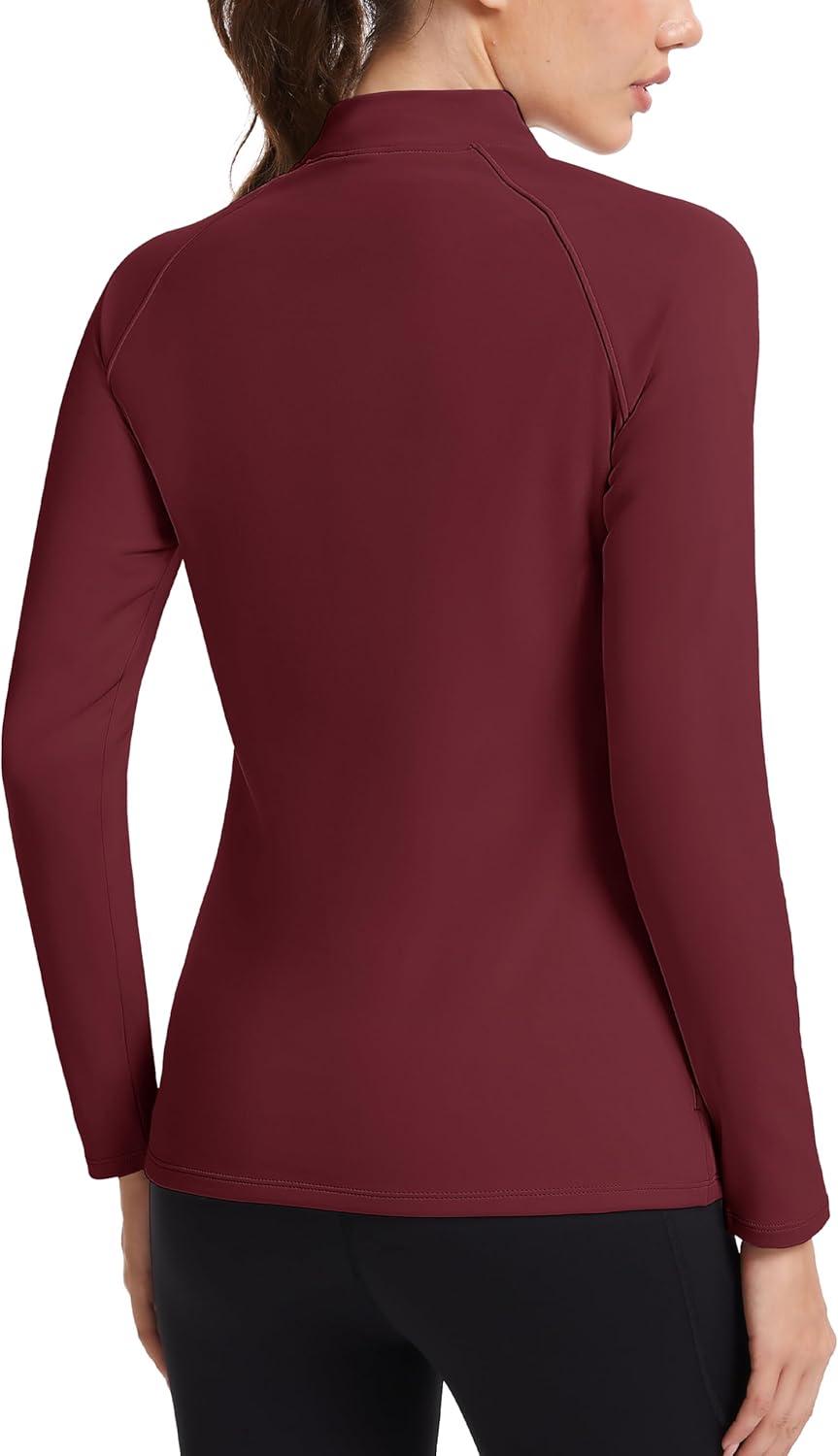 imageMAGCOMSEN Thermal Shirts for Women Mock Turtneck Long Sleeve Tops Fleece Pullover Workout Running Winter Base LayerBurgundy