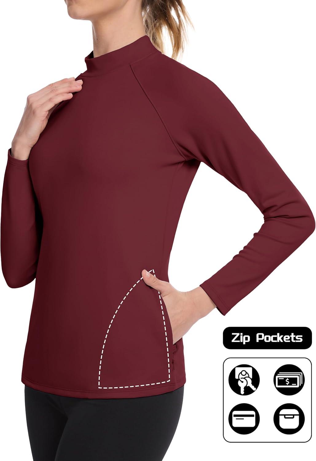 imageMAGCOMSEN Thermal Shirts for Women Mock Turtneck Long Sleeve Tops Fleece Pullover Workout Running Winter Base LayerBurgundy