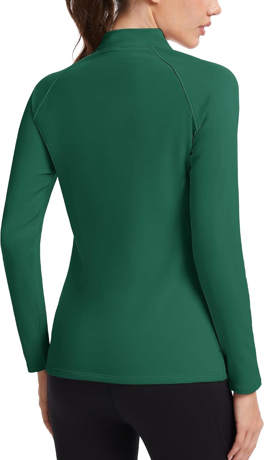imageMAGCOMSEN Thermal Shirts for Women Mock Turtneck Long Sleeve Tops Fleece Pullover Workout Running Winter Base LayerE Green