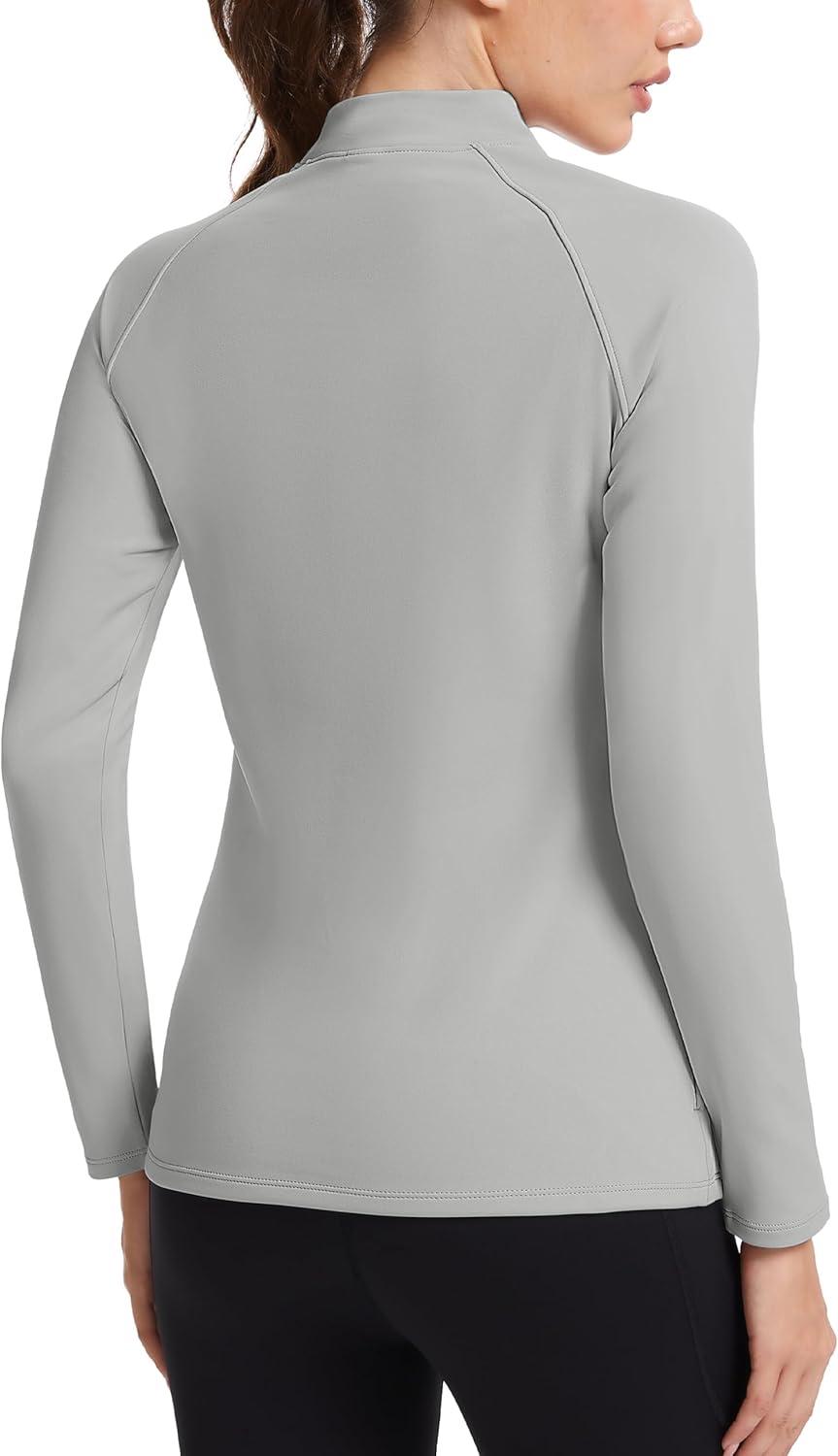 imageMAGCOMSEN Thermal Shirts for Women Mock Turtneck Long Sleeve Tops Fleece Pullover Workout Running Winter Base LayerLightgrey