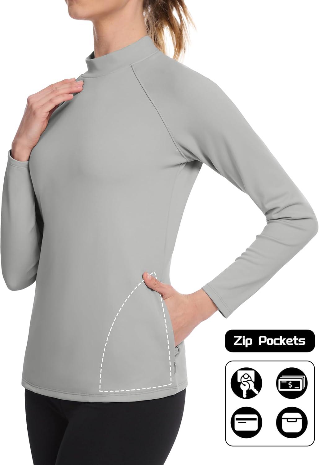 imageMAGCOMSEN Thermal Shirts for Women Mock Turtneck Long Sleeve Tops Fleece Pullover Workout Running Winter Base LayerLightgrey