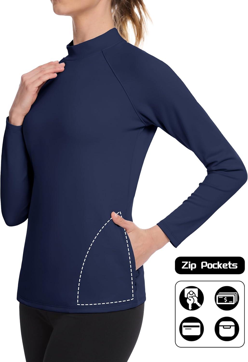 imageMAGCOMSEN Thermal Shirts for Women Mock Turtneck Long Sleeve Tops Fleece Pullover Workout Running Winter Base LayerNavyblue