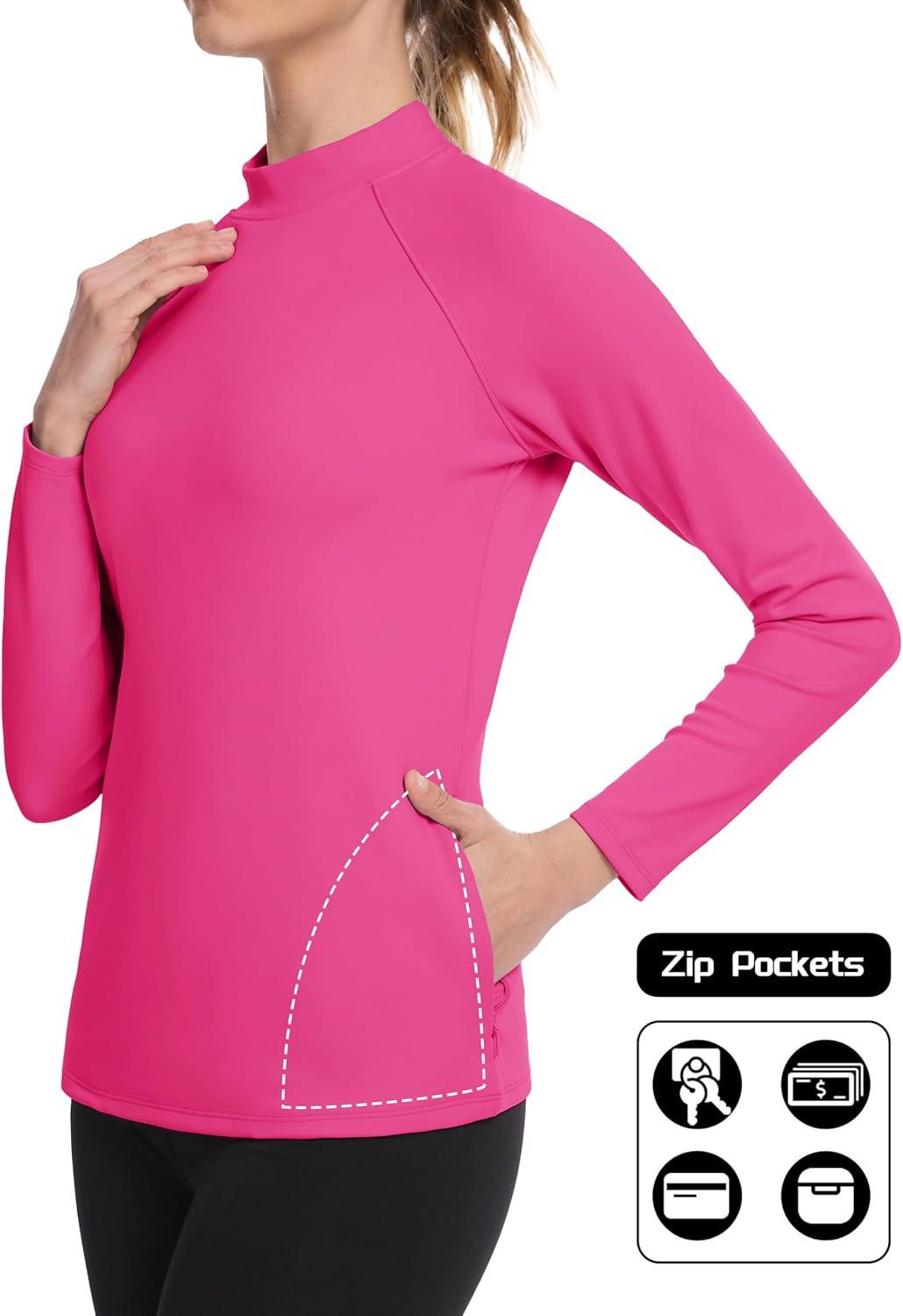 imageMAGCOMSEN Thermal Shirts for Women Mock Turtneck Long Sleeve Tops Fleece Pullover Workout Running Winter Base LayerRosered