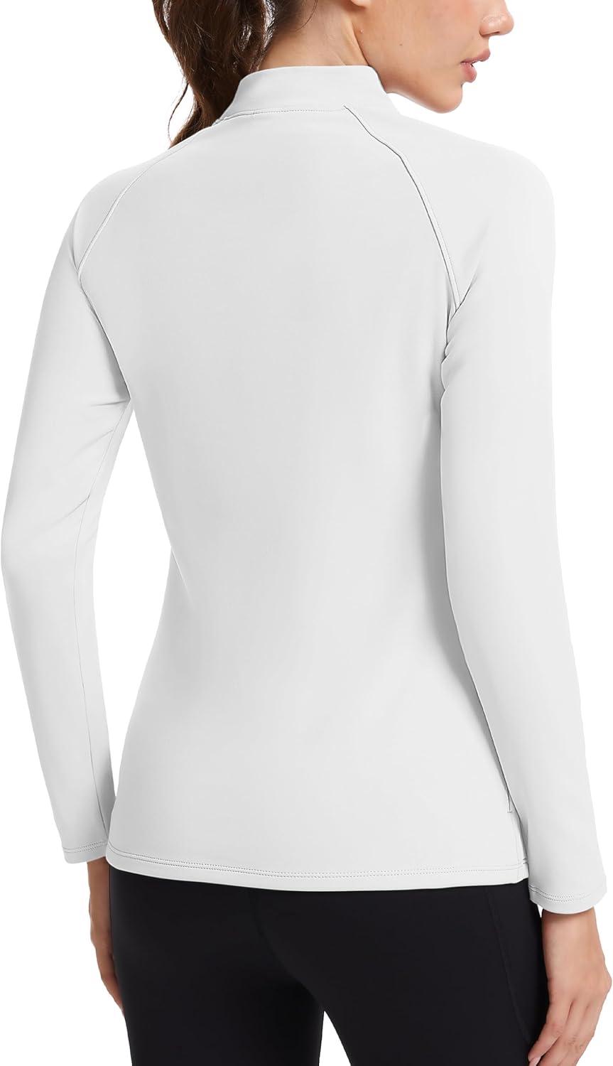 imageMAGCOMSEN Thermal Shirts for Women Mock Turtneck Long Sleeve Tops Fleece Pullover Workout Running Winter Base LayerWhite