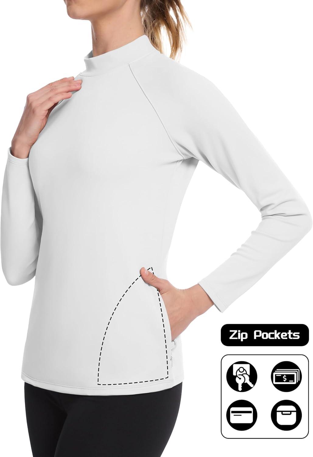 imageMAGCOMSEN Thermal Shirts for Women Mock Turtneck Long Sleeve Tops Fleece Pullover Workout Running Winter Base LayerWhite