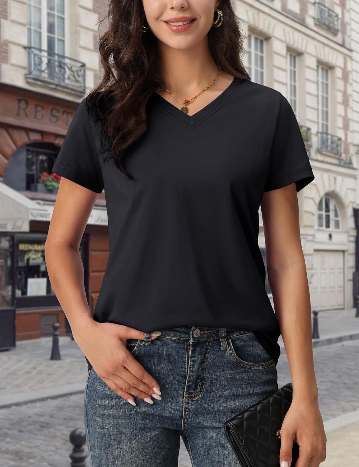 imageMAGCOMSEN Womens Cotton T Shirt VNeck Short Sleeve Shirt ClassicFit Casual Breathable Tee Summer Basic TopsAblack