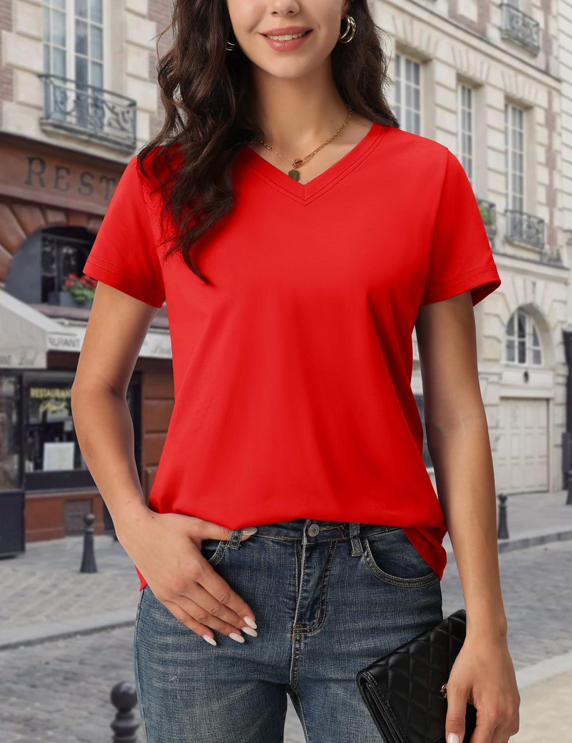 imageMAGCOMSEN Womens Cotton T Shirt VNeck Short Sleeve Shirt ClassicFit Casual Breathable Tee Summer Basic TopsAtomato Red