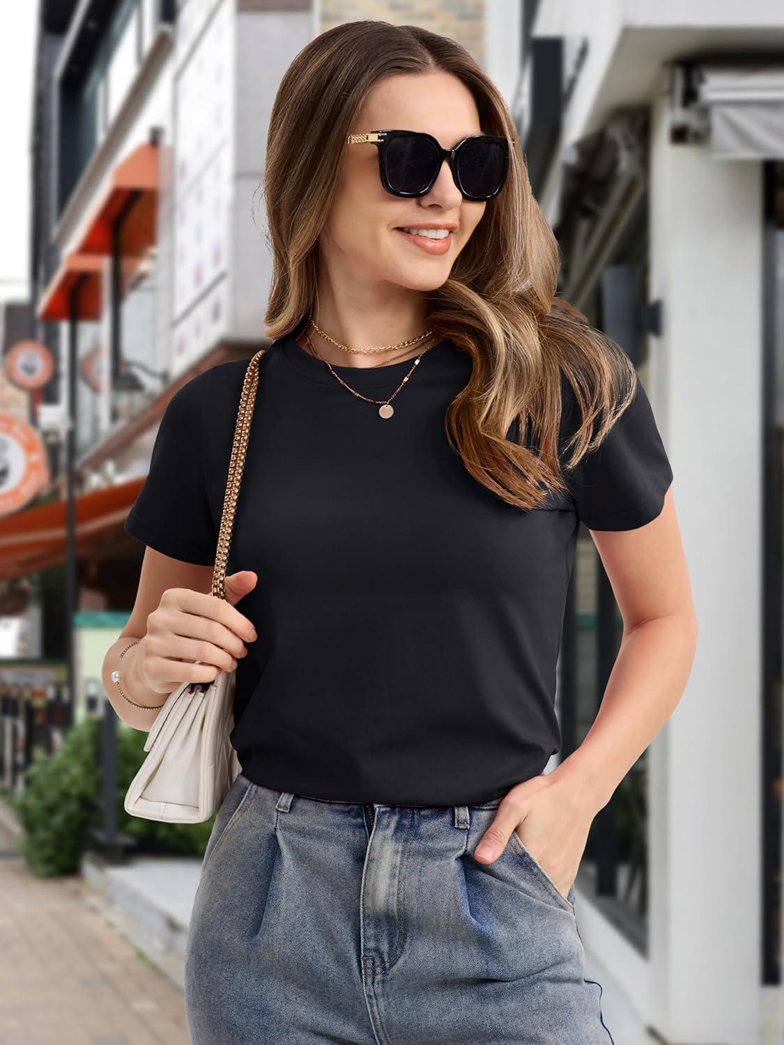 imageMAGCOMSEN Womens Cotton TShirts ShortSleeve Shirts CrewNeck Tops ClassicFit Breathable Casual Summer TeesA1black