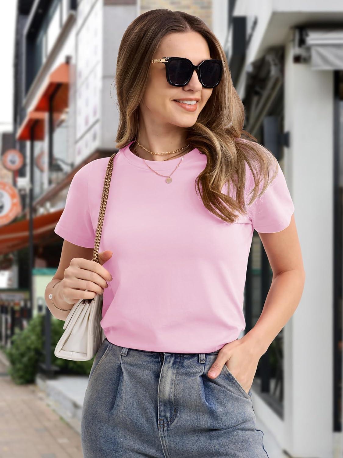imageMAGCOMSEN Womens Cotton TShirts ShortSleeve Shirts CrewNeck Tops ClassicFit Breathable Casual Summer TeesAlight Pink
