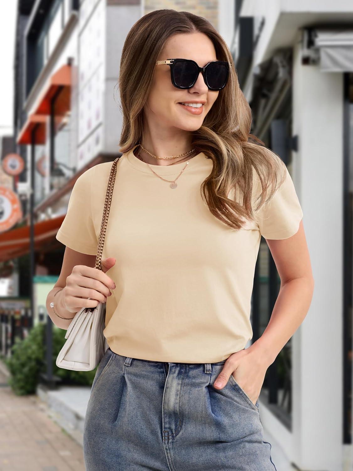imageMAGCOMSEN Womens Cotton TShirts ShortSleeve Shirts CrewNeck Tops ClassicFit Breathable Casual Summer TeesLight Apricot