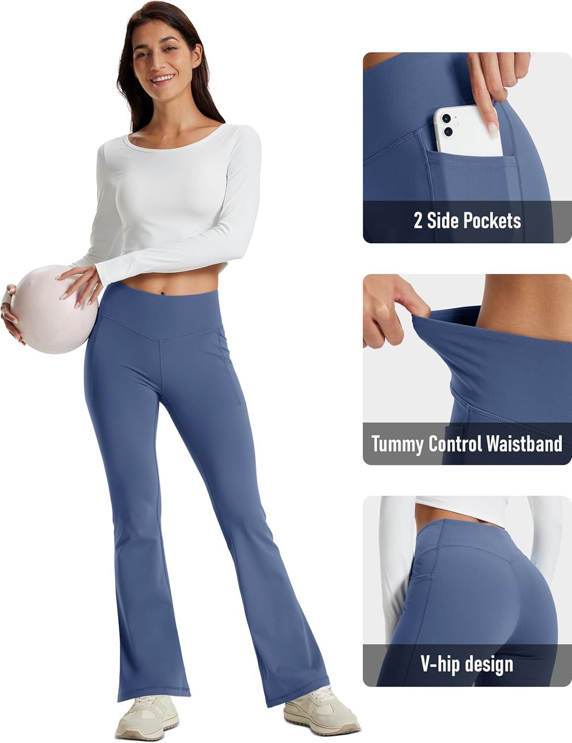 imageMAGCOMSEN Womens Flare Yoga Leggings High Waisted Bootcut Pants with Pockets Tummy Control Work Dress Bell Bottom PantsBlue