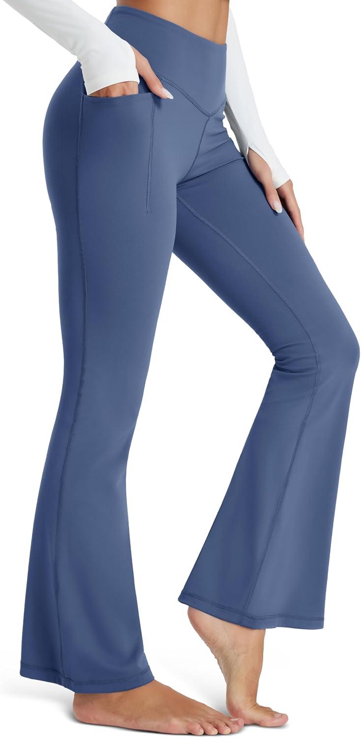 imageMAGCOMSEN Womens Flare Yoga Leggings High Waisted Bootcut Pants with Pockets Tummy Control Work Dress Bell Bottom PantsBlue