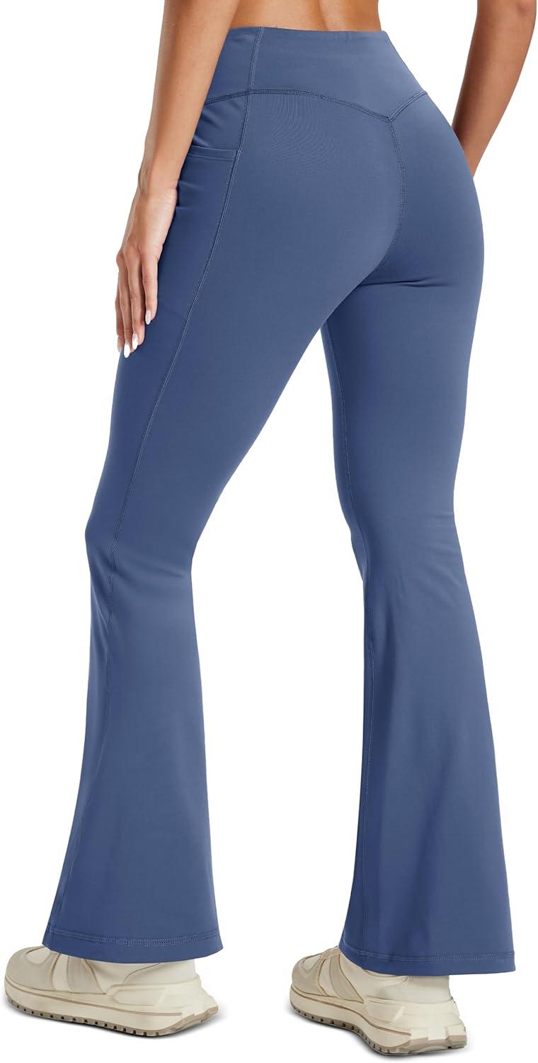 imageMAGCOMSEN Womens Flare Yoga Leggings High Waisted Bootcut Pants with Pockets Tummy Control Work Dress Bell Bottom PantsBlue