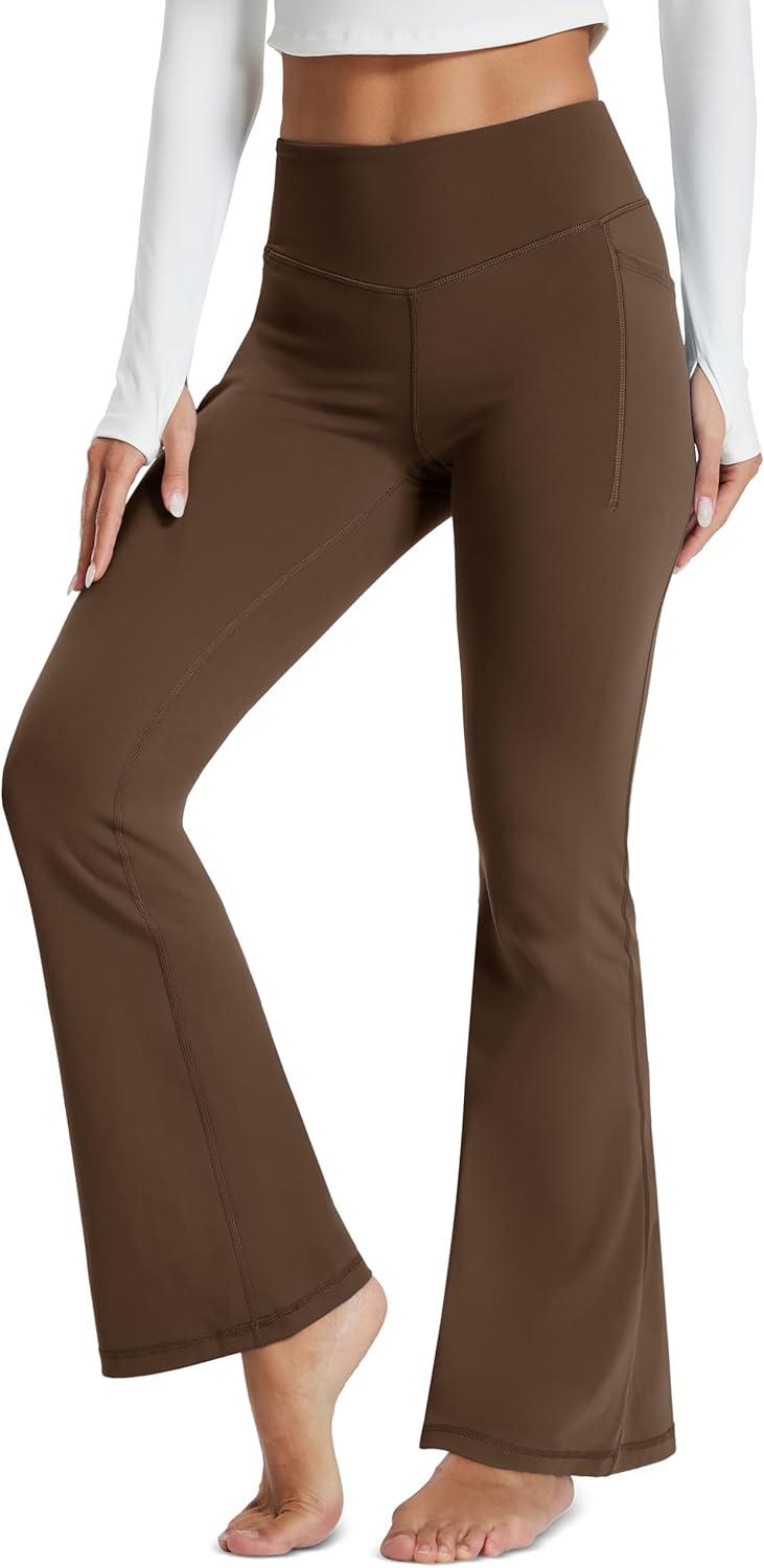 imageMAGCOMSEN Womens Flare Yoga Leggings High Waisted Bootcut Pants with Pockets Tummy Control Work Dress Bell Bottom PantsDark Brown