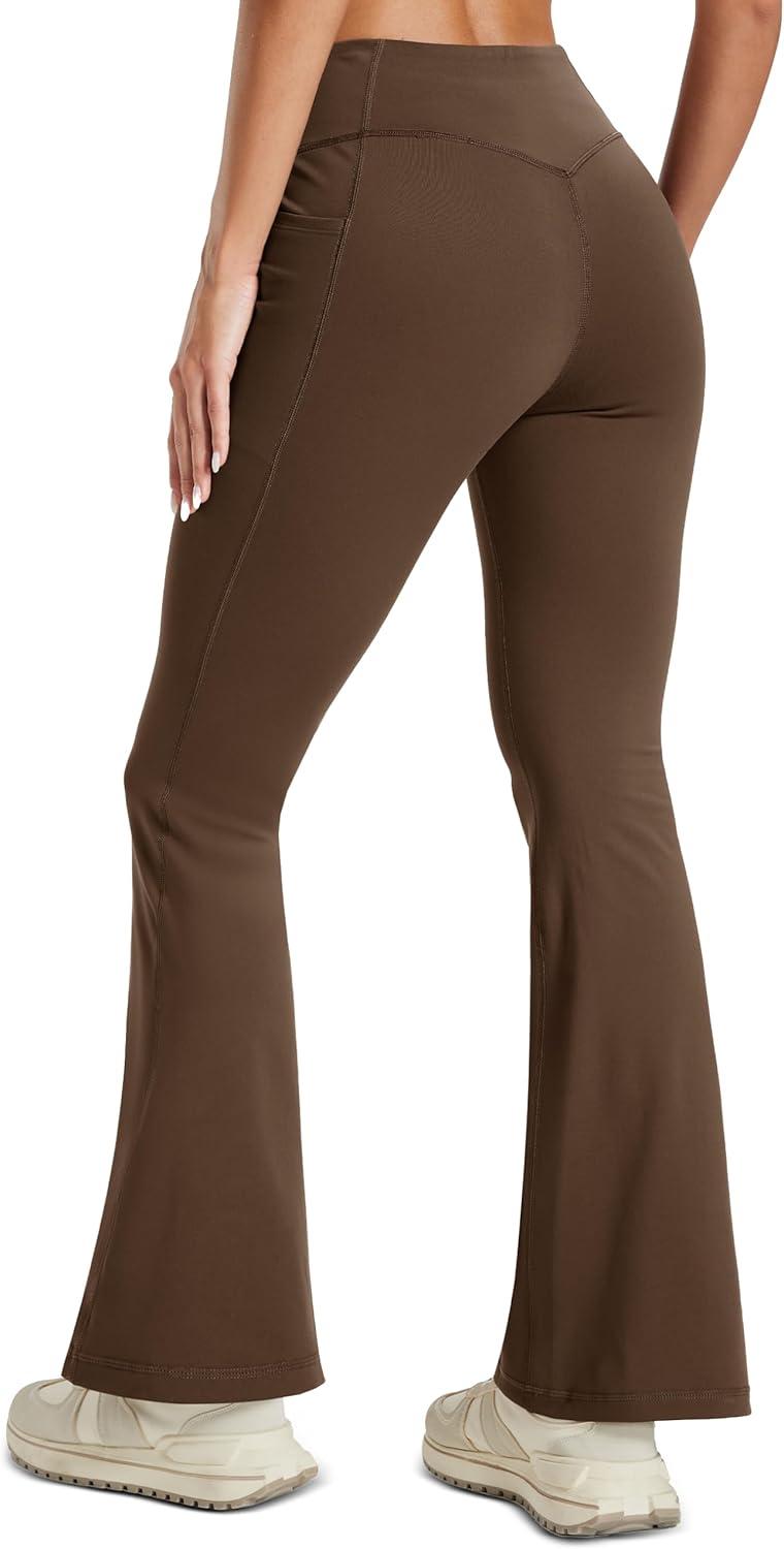 imageMAGCOMSEN Womens Flare Yoga Leggings High Waisted Bootcut Pants with Pockets Tummy Control Work Dress Bell Bottom PantsDark Brown