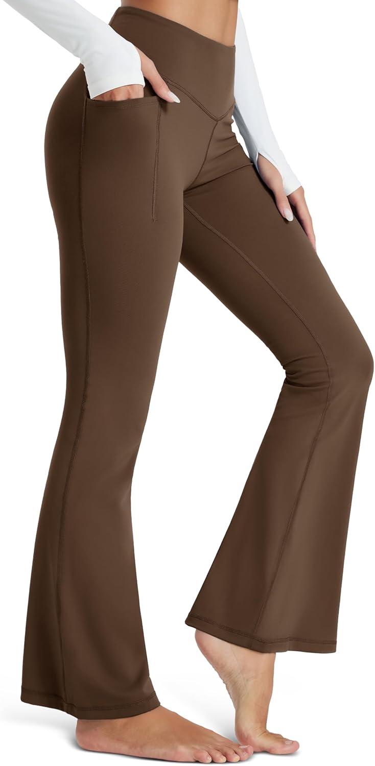 imageMAGCOMSEN Womens Flare Yoga Leggings High Waisted Bootcut Pants with Pockets Tummy Control Work Dress Bell Bottom PantsDark Brown