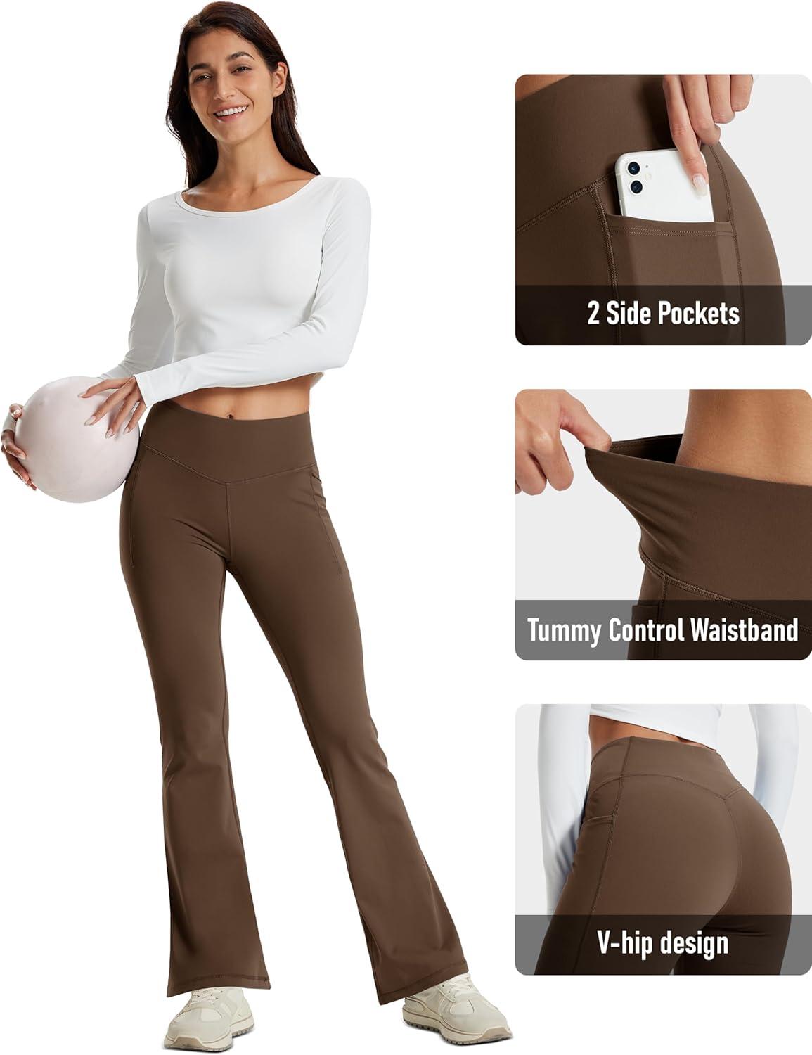 imageMAGCOMSEN Womens Flare Yoga Leggings High Waisted Bootcut Pants with Pockets Tummy Control Work Dress Bell Bottom PantsDark Brown