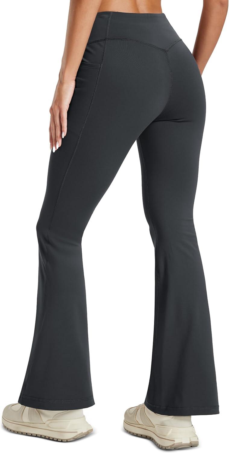 imageMAGCOMSEN Womens Flare Yoga Leggings High Waisted Bootcut Pants with Pockets Tummy Control Work Dress Bell Bottom PantsDark Grey