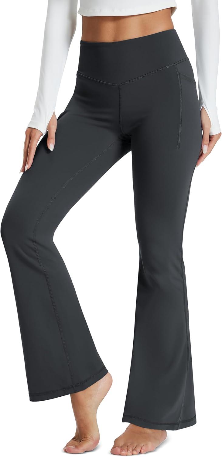 imageMAGCOMSEN Womens Flare Yoga Leggings High Waisted Bootcut Pants with Pockets Tummy Control Work Dress Bell Bottom PantsDark Grey