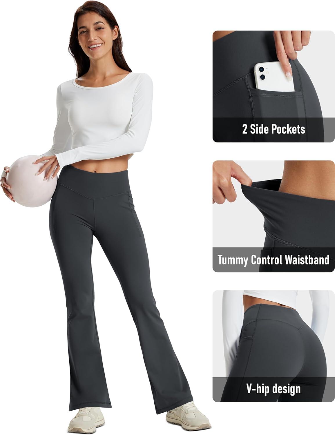 imageMAGCOMSEN Womens Flare Yoga Leggings High Waisted Bootcut Pants with Pockets Tummy Control Work Dress Bell Bottom PantsDark Grey