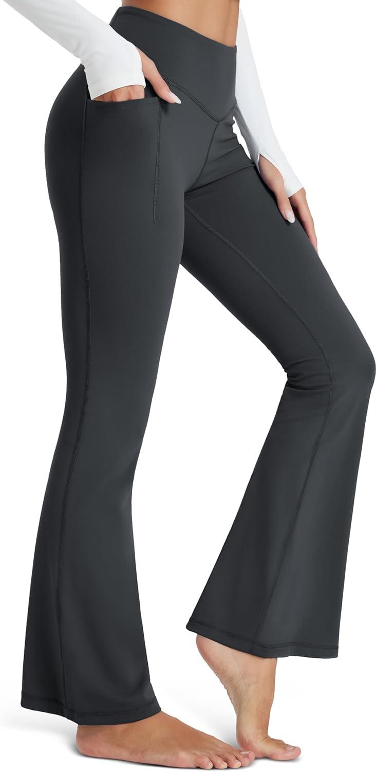 imageMAGCOMSEN Womens Flare Yoga Leggings High Waisted Bootcut Pants with Pockets Tummy Control Work Dress Bell Bottom PantsDark Grey