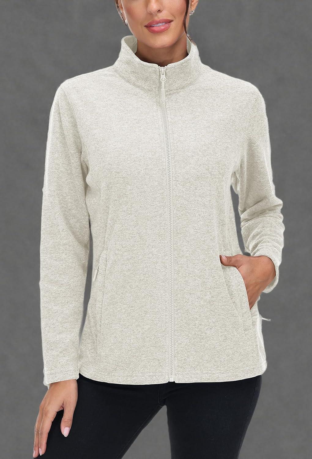 imageMAGCOMSEN Womens Fleece Jacket Zip Up Coat Lightweight Soft Warm Long Sleeve Jackets with Pockets for WinterAcream