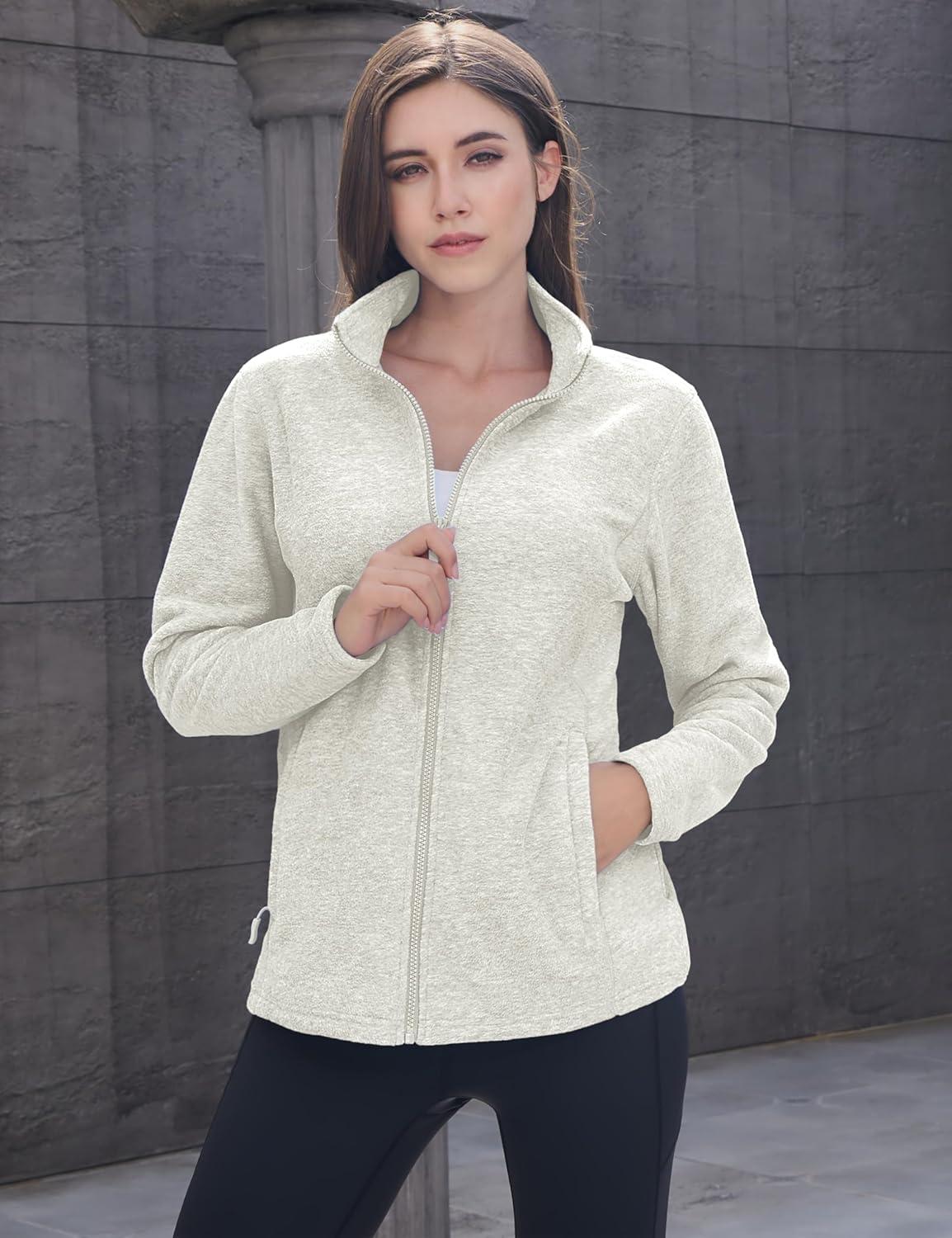 imageMAGCOMSEN Womens Fleece Jacket Zip Up Coat Lightweight Soft Warm Long Sleeve Jackets with Pockets for WinterAcream