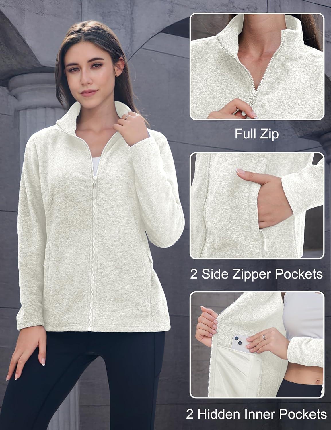 imageMAGCOMSEN Womens Fleece Jacket Zip Up Coat Lightweight Soft Warm Long Sleeve Jackets with Pockets for WinterAcream