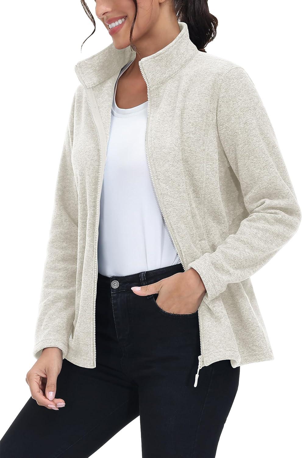 imageMAGCOMSEN Womens Fleece Jacket Zip Up Coat Lightweight Soft Warm Long Sleeve Jackets with Pockets for WinterAcream