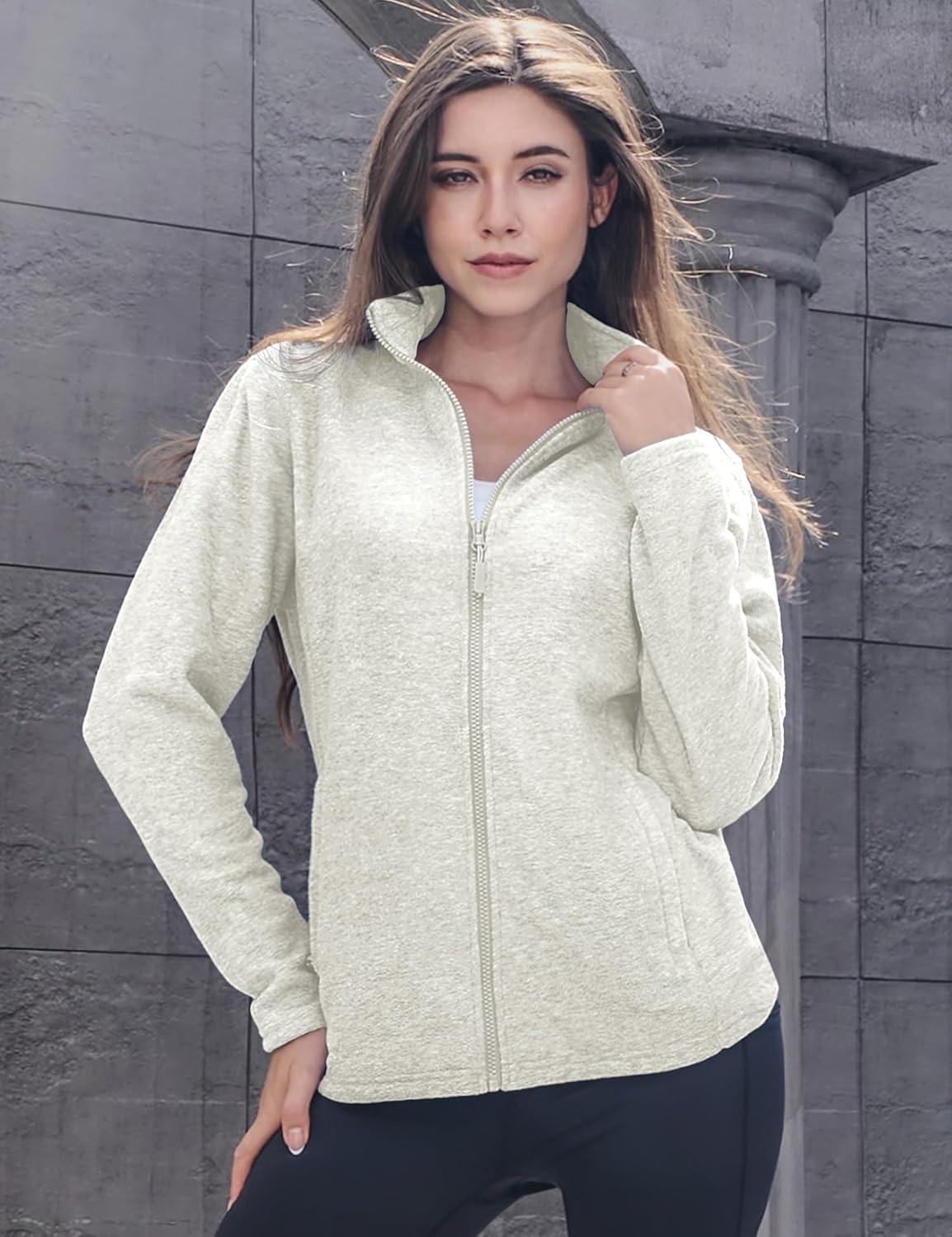 imageMAGCOMSEN Womens Fleece Jacket Zip Up Coat Lightweight Soft Warm Long Sleeve Jackets with Pockets for WinterAcream
