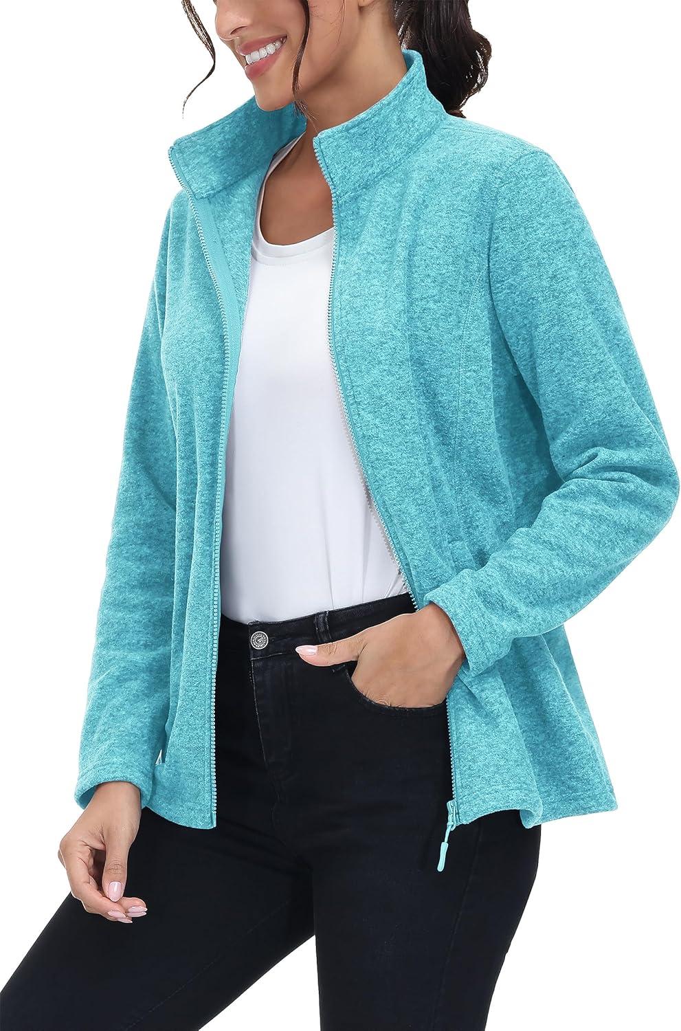 imageMAGCOMSEN Womens Fleece Jacket Zip Up Coat Lightweight Soft Warm Long Sleeve Jackets with Pockets for WinterBaqua Blue