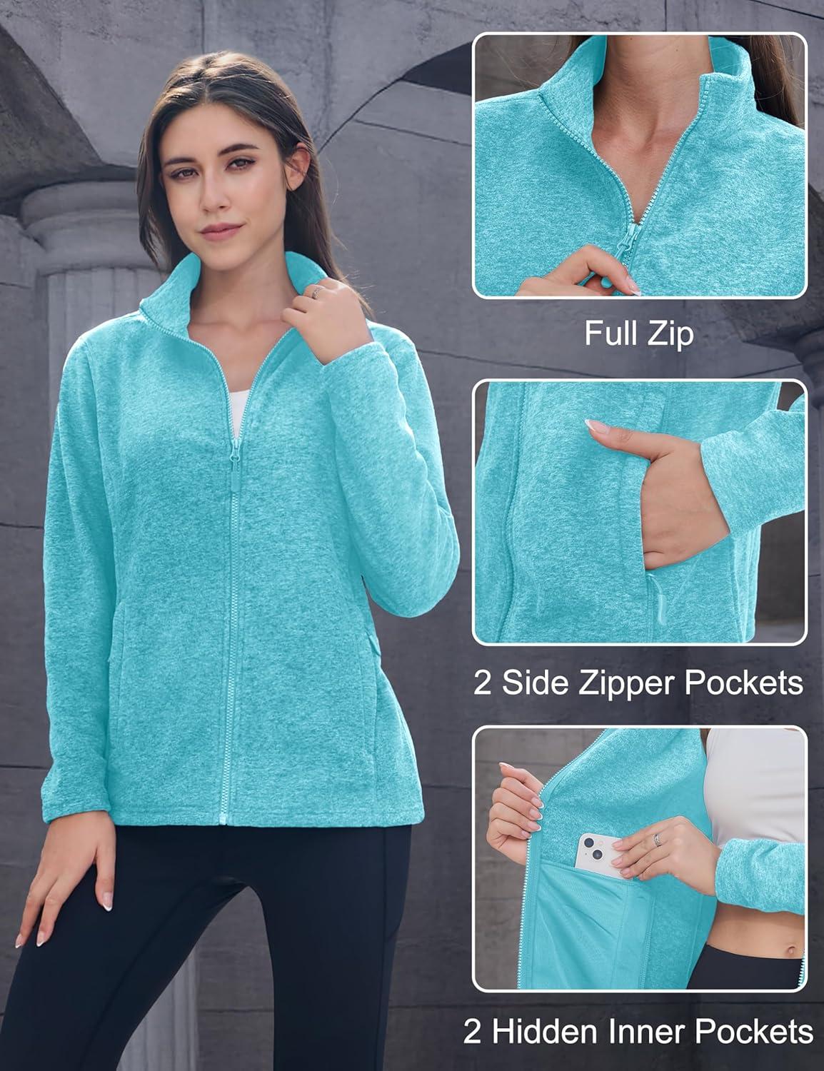 imageMAGCOMSEN Womens Fleece Jacket Zip Up Coat Lightweight Soft Warm Long Sleeve Jackets with Pockets for WinterBaqua Blue