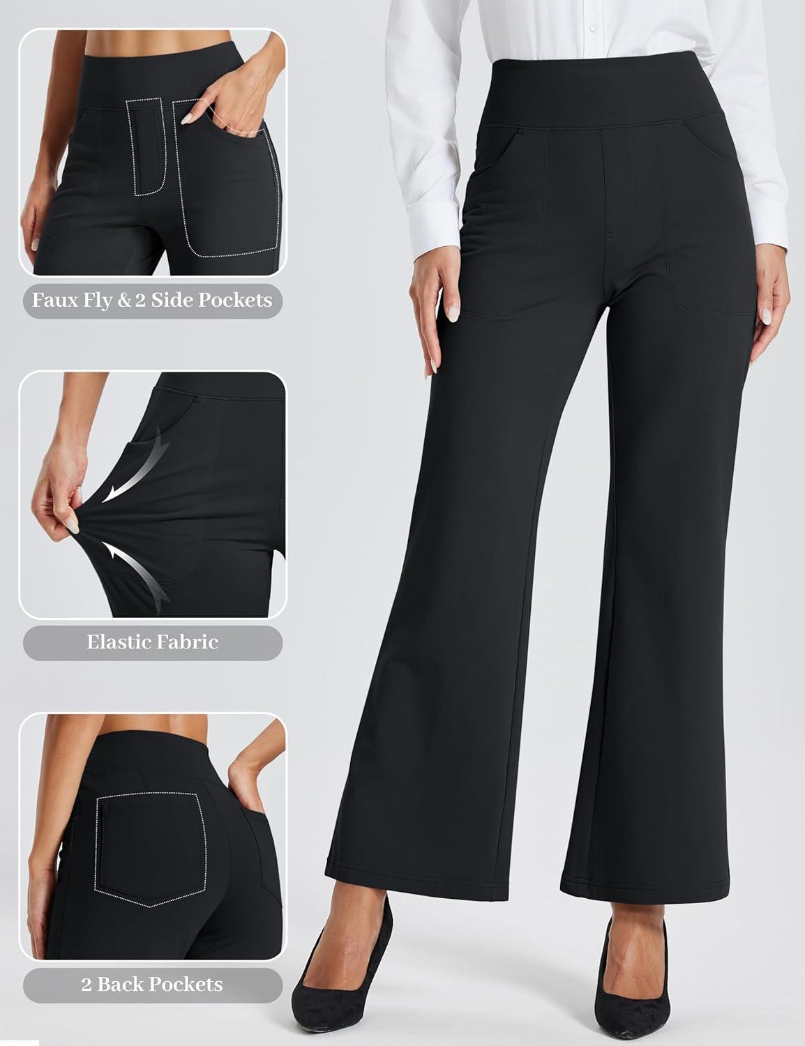 imageMAGCOMSEN Womens Fleece Lined Pants Waterproof High Waist Wide Leg Yoga Work Pants Warm Winter Sweatpants with PocketsBlack