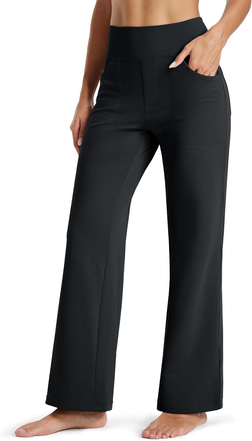 imageMAGCOMSEN Womens Fleece Lined Pants Waterproof High Waist Wide Leg Yoga Work Pants Warm Winter Sweatpants with PocketsBlack