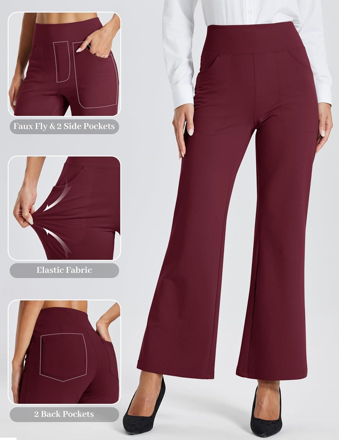 imageMAGCOMSEN Womens Fleece Lined Pants Waterproof High Waist Wide Leg Yoga Work Pants Warm Winter Sweatpants with PocketsBurgundy