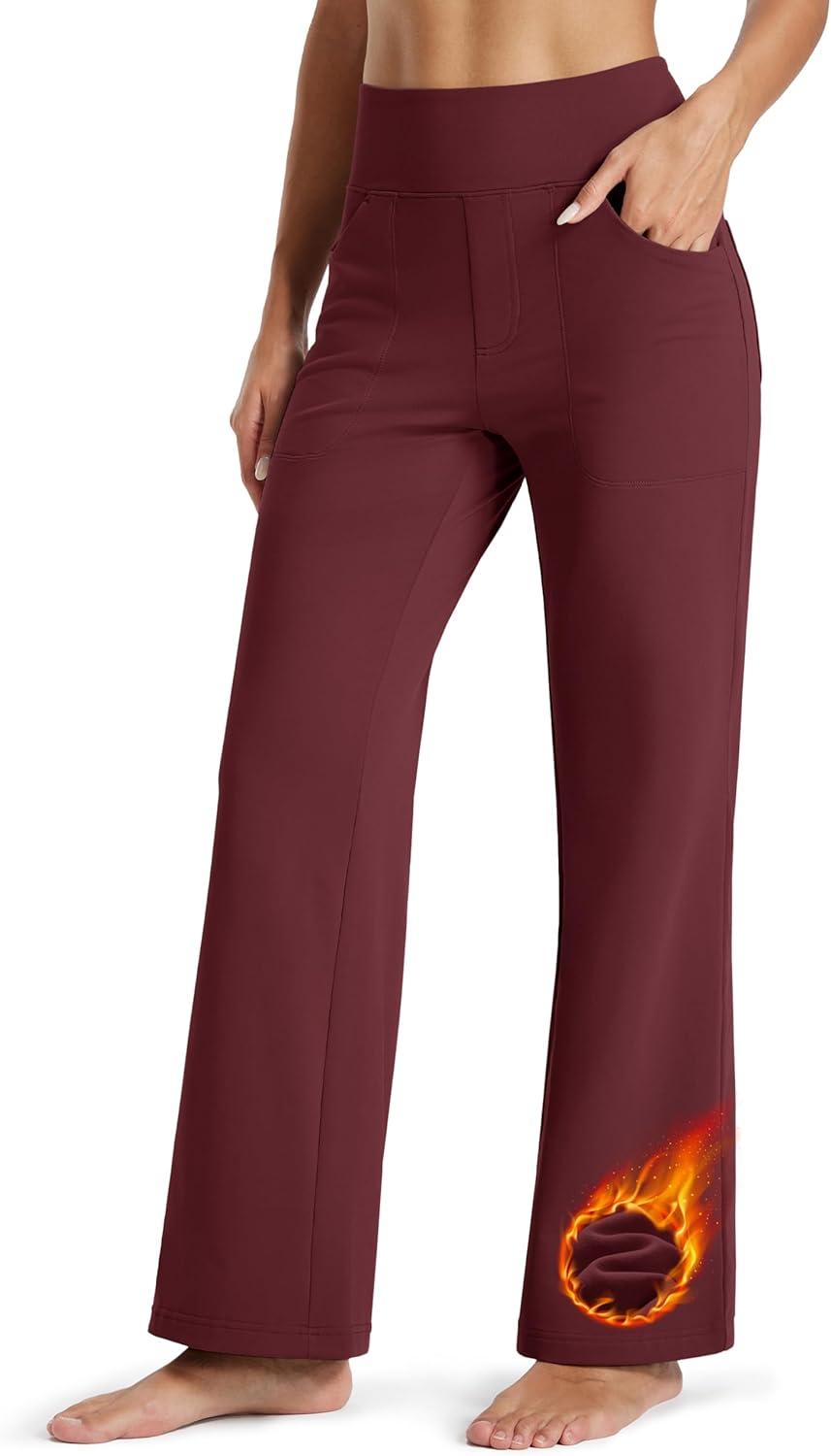 imageMAGCOMSEN Womens Fleece Lined Pants Waterproof High Waist Wide Leg Yoga Work Pants Warm Winter Sweatpants with PocketsBurgundy