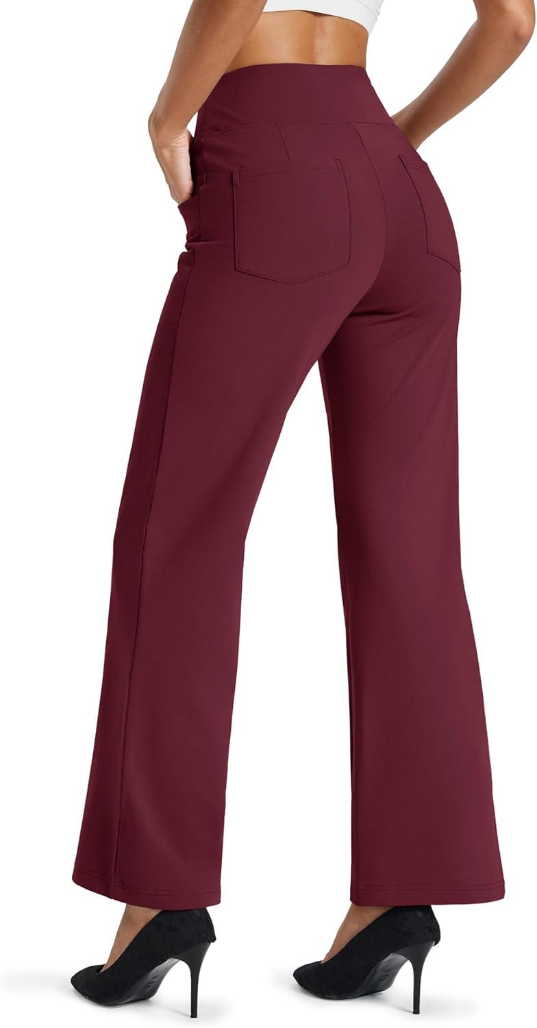 imageMAGCOMSEN Womens Fleece Lined Pants Waterproof High Waist Wide Leg Yoga Work Pants Warm Winter Sweatpants with PocketsBurgundy