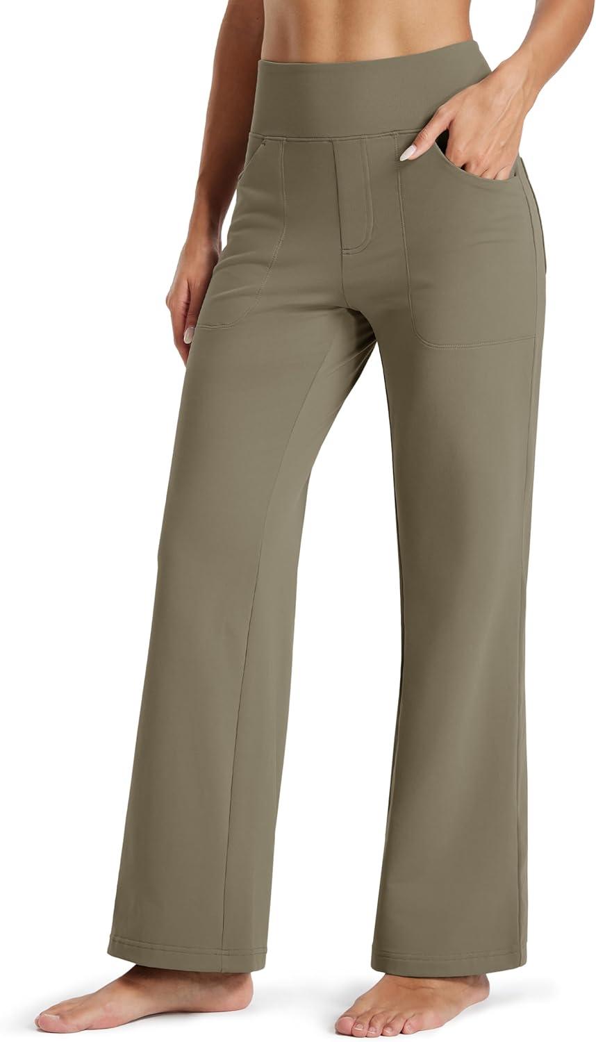 imageMAGCOMSEN Womens Fleece Lined Pants Waterproof High Waist Wide Leg Yoga Work Pants Warm Winter Sweatpants with PocketsCoffee Grey