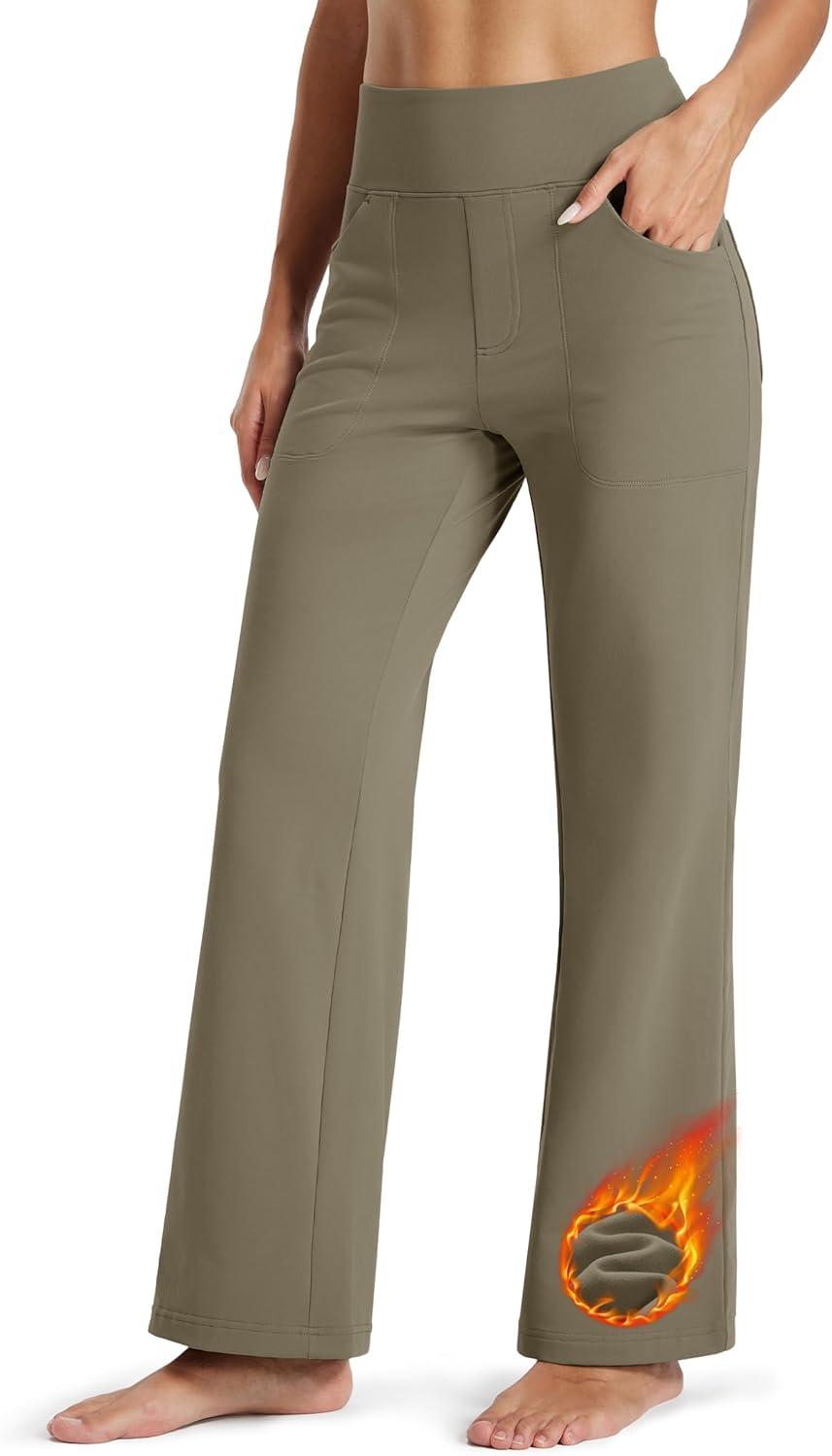 imageMAGCOMSEN Womens Fleece Lined Pants Waterproof High Waist Wide Leg Yoga Work Pants Warm Winter Sweatpants with PocketsCoffee Grey
