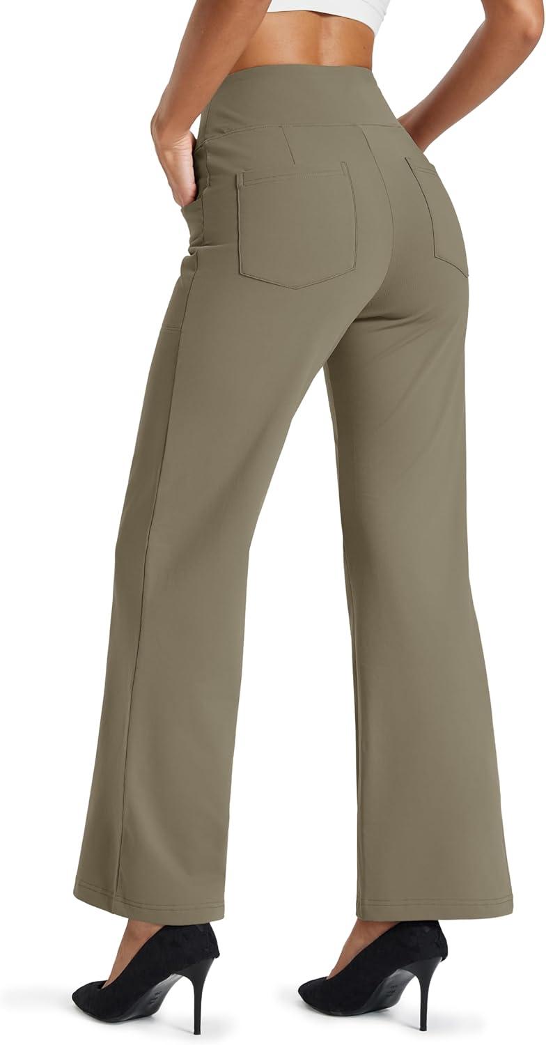 imageMAGCOMSEN Womens Fleece Lined Pants Waterproof High Waist Wide Leg Yoga Work Pants Warm Winter Sweatpants with PocketsCoffee Grey