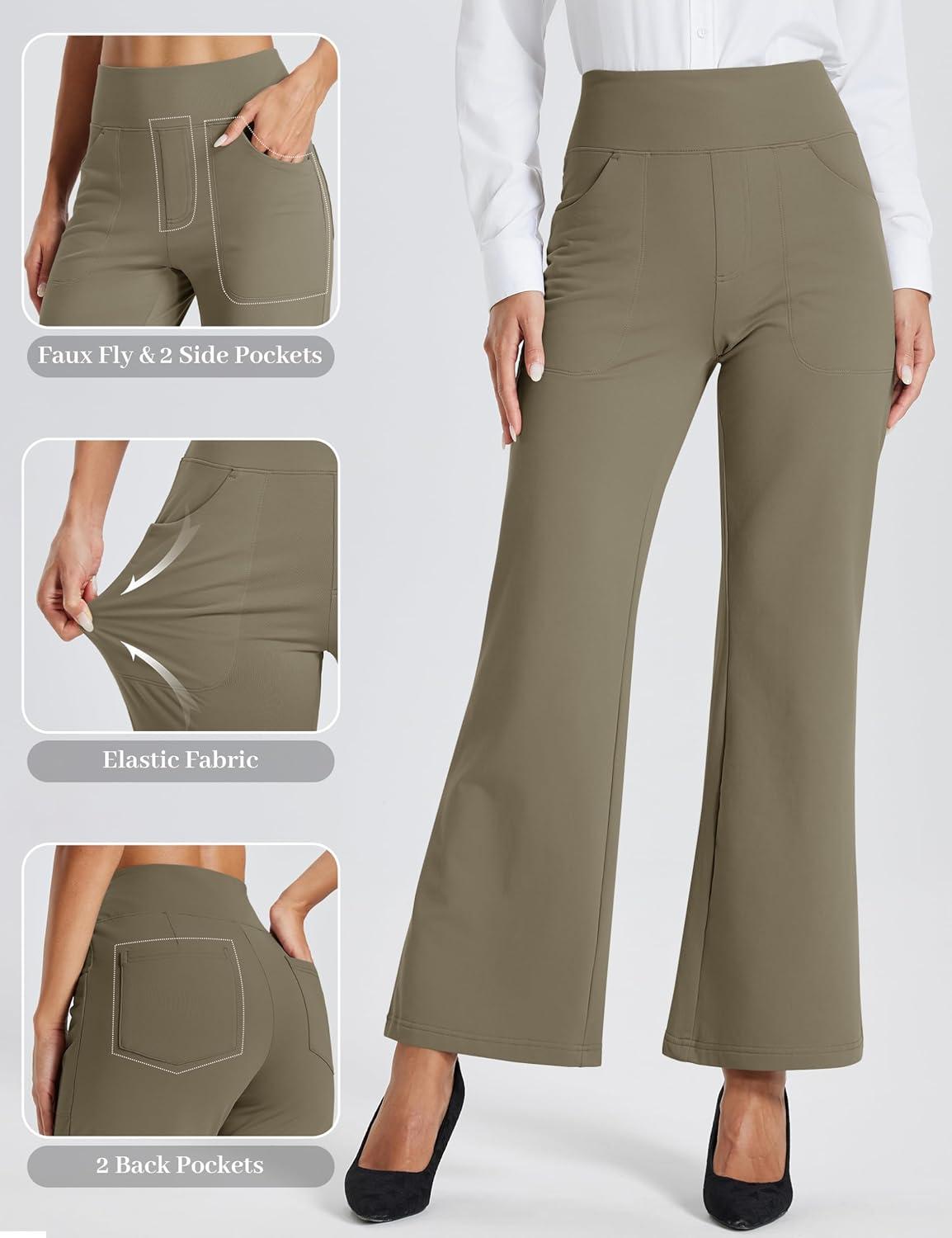 imageMAGCOMSEN Womens Fleece Lined Pants Waterproof High Waist Wide Leg Yoga Work Pants Warm Winter Sweatpants with PocketsCoffee Grey