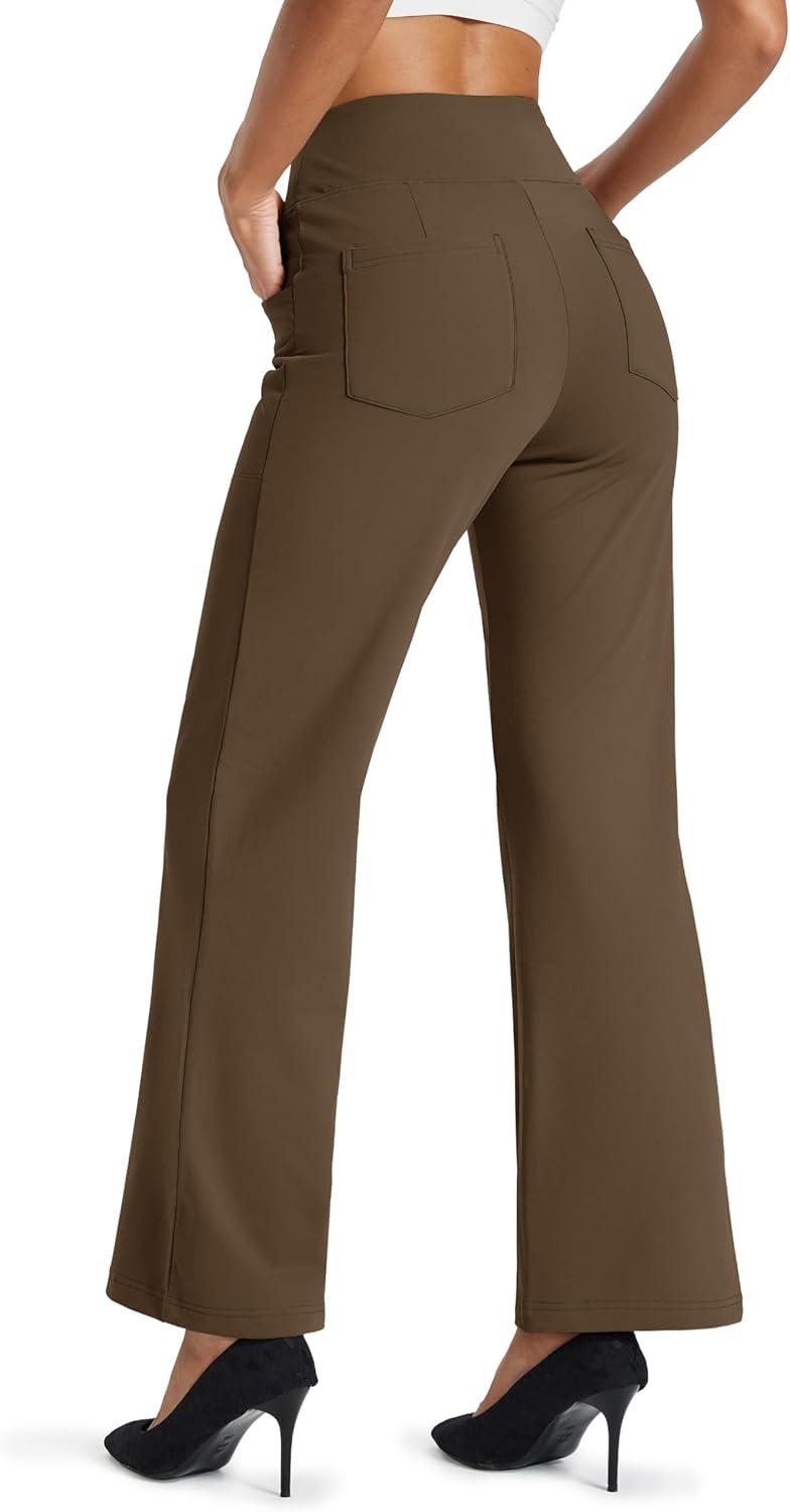 imageMAGCOMSEN Womens Fleece Lined Pants Waterproof High Waist Wide Leg Yoga Work Pants Warm Winter Sweatpants with PocketsDark Brown