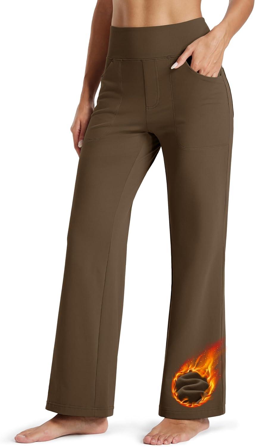 imageMAGCOMSEN Womens Fleece Lined Pants Waterproof High Waist Wide Leg Yoga Work Pants Warm Winter Sweatpants with PocketsDark Brown