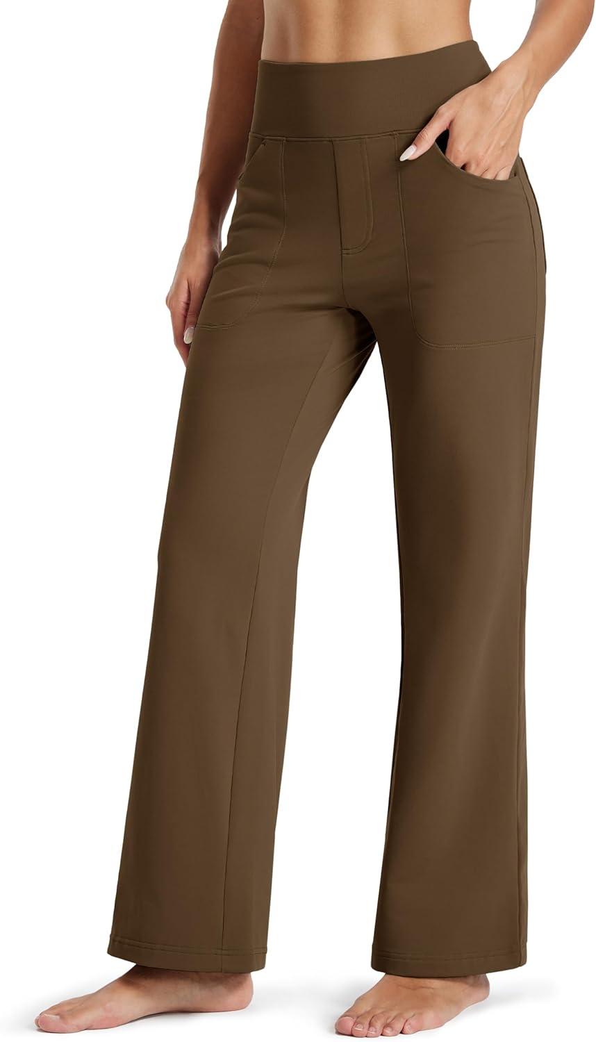 imageMAGCOMSEN Womens Fleece Lined Pants Waterproof High Waist Wide Leg Yoga Work Pants Warm Winter Sweatpants with PocketsDark Brown